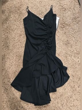 Emerald Sundae Black Ruffled Ruched Slip Dress